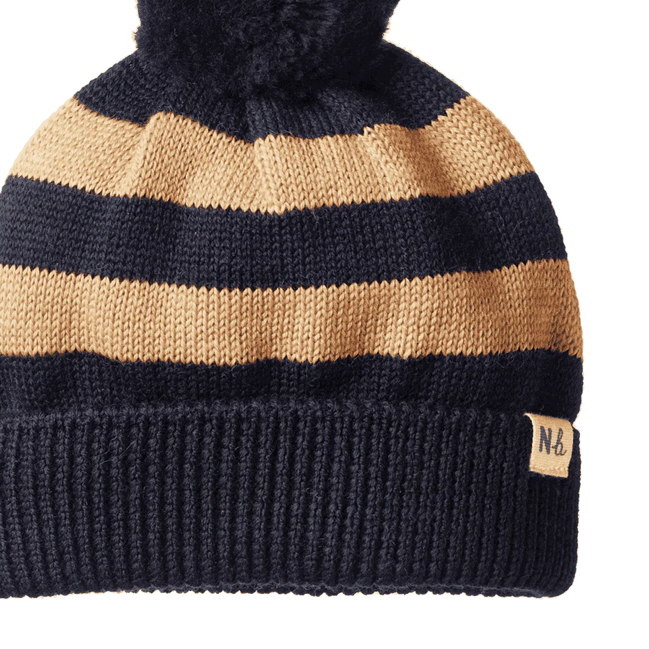 Nature Baby - Alpine Pom Pom Beanie - Navy & Caramel Stripe