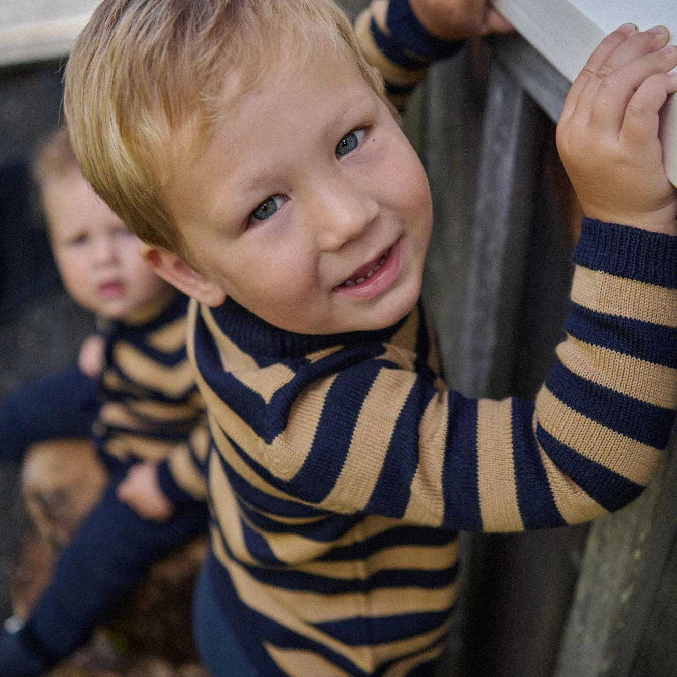 Nature Baby - Merino Knit Pullover - Navy & Caramel Stripe