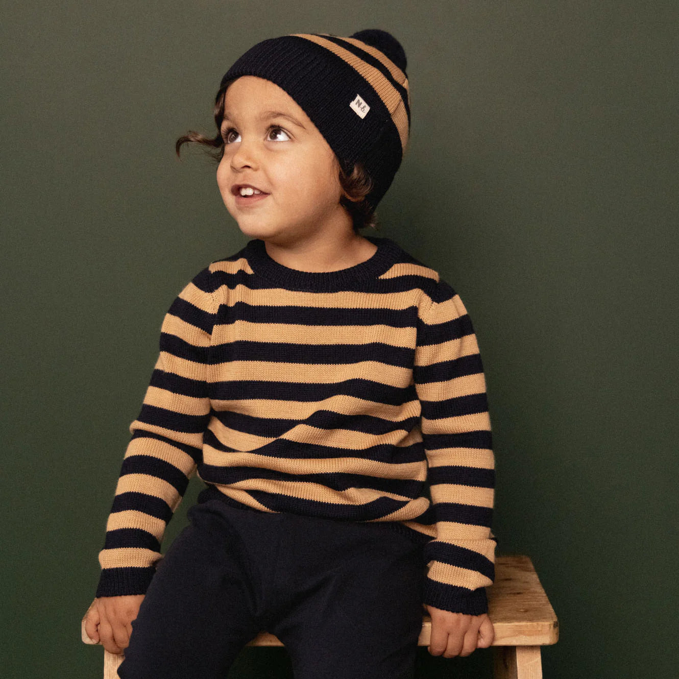Nature Baby - Alpine Pom Pom Beanie - Navy & Caramel Stripe
