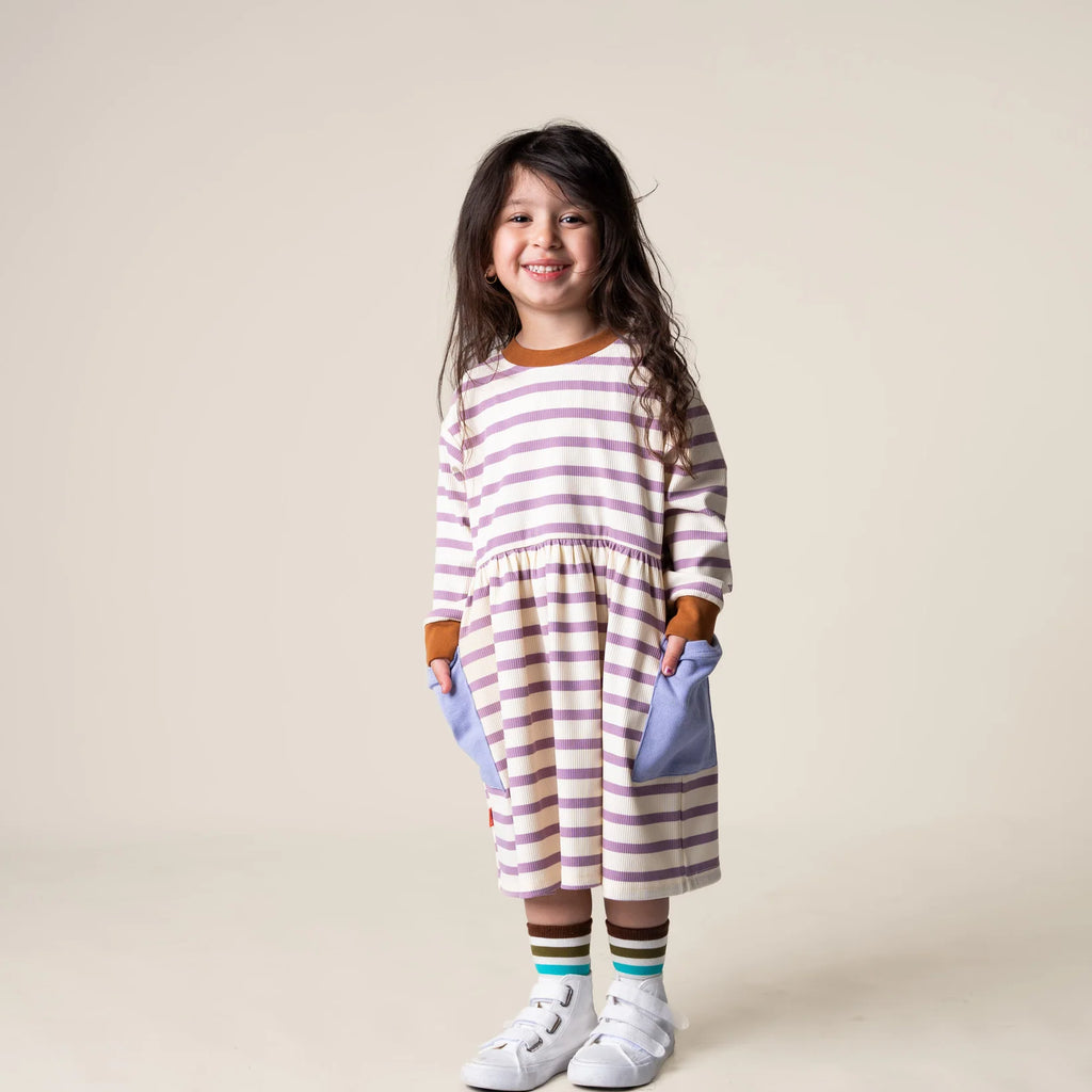Das Ist Maurice - Long Sleeve Bell Dress - Purple Stripes