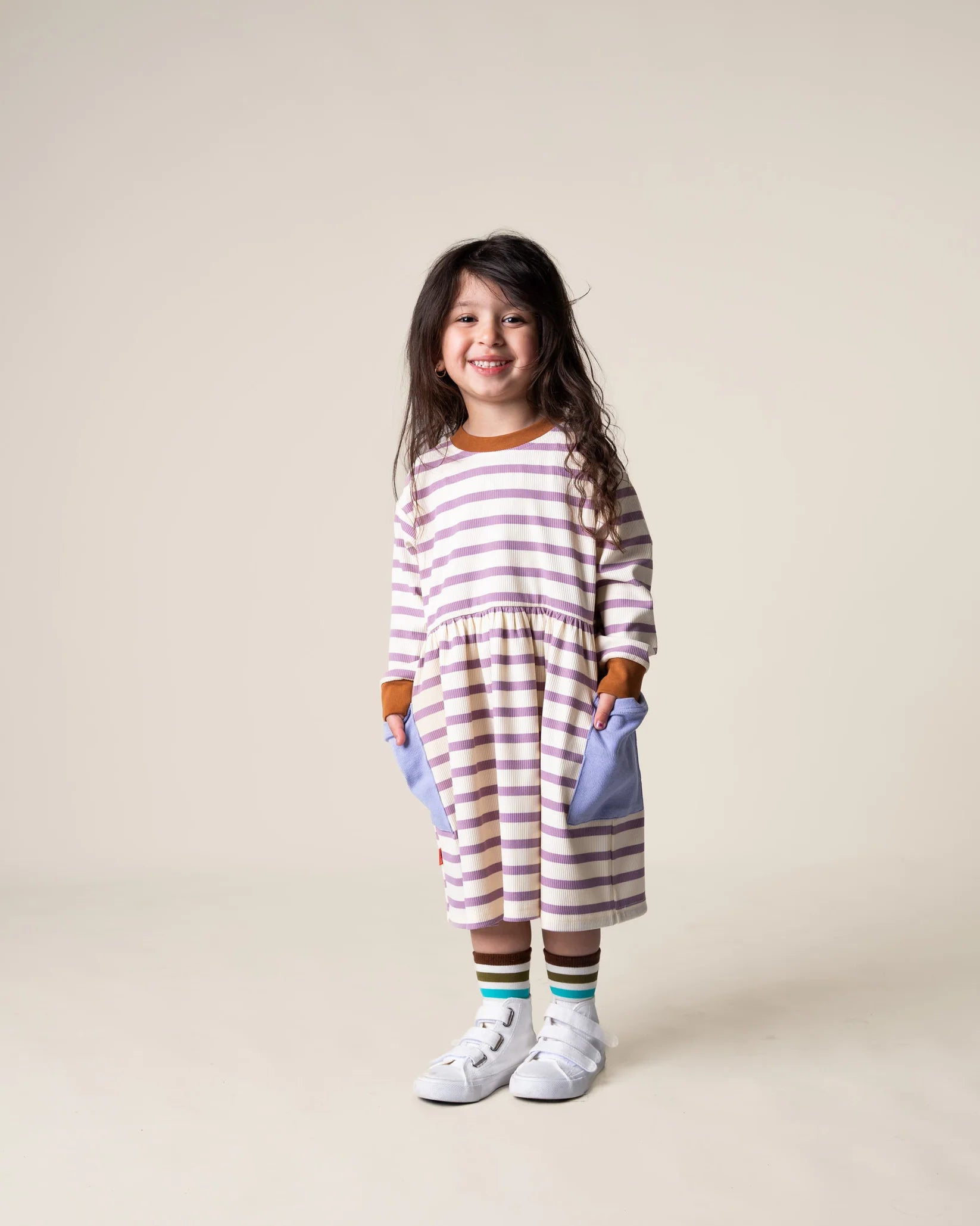 Das Ist Maurice - Long Sleeve Bell Dress - Purple Stripes