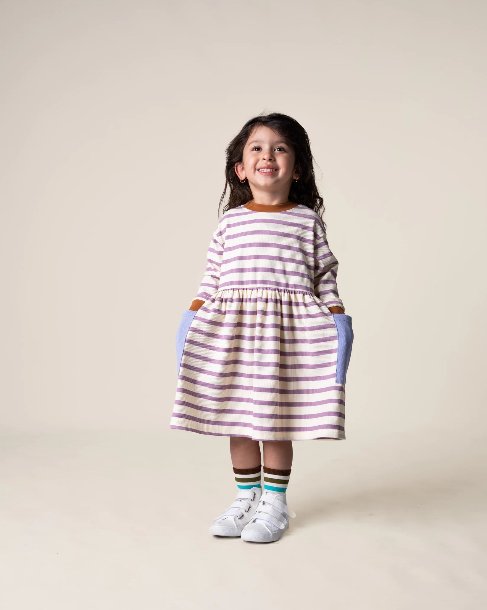 Das Ist Maurice - Long Sleeve Bell Dress - Purple Stripes