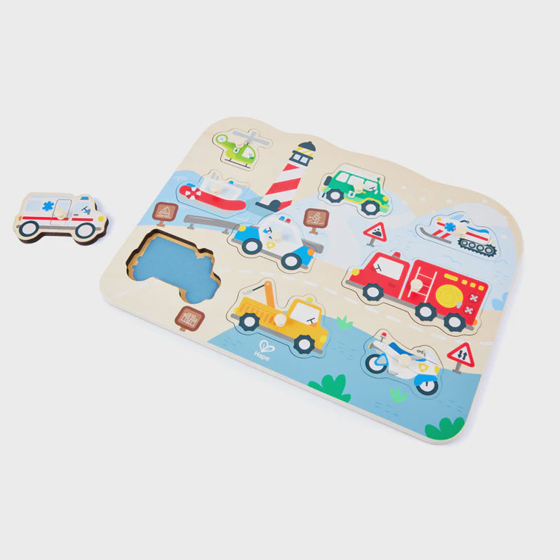 Hape - Emergency Vehicles Peg Puzzle 10 Pcs