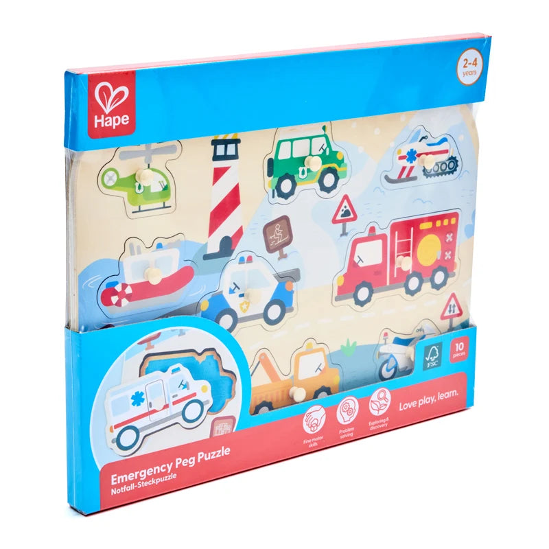 Hape - Emergency Vehicles Peg Puzzle 10 Pcs