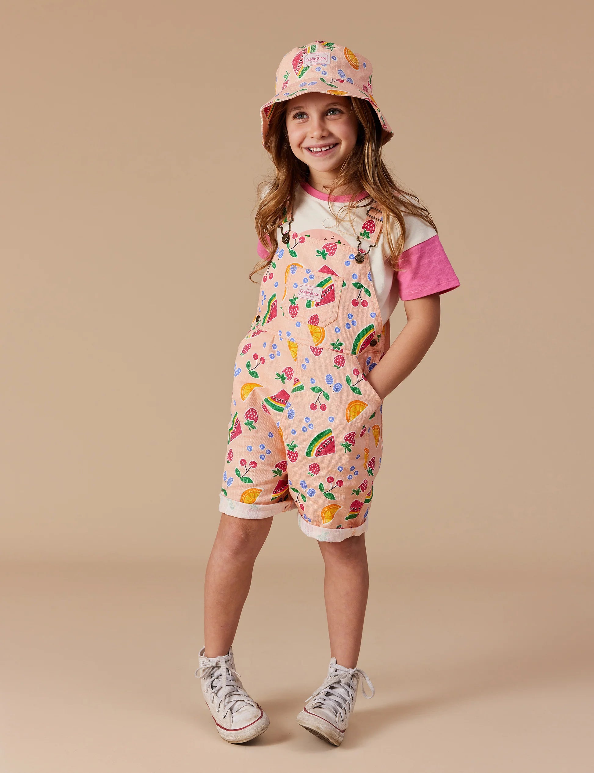 Goldie & Ace - Burton Fruit Salad Linen Overalls Peach Multi