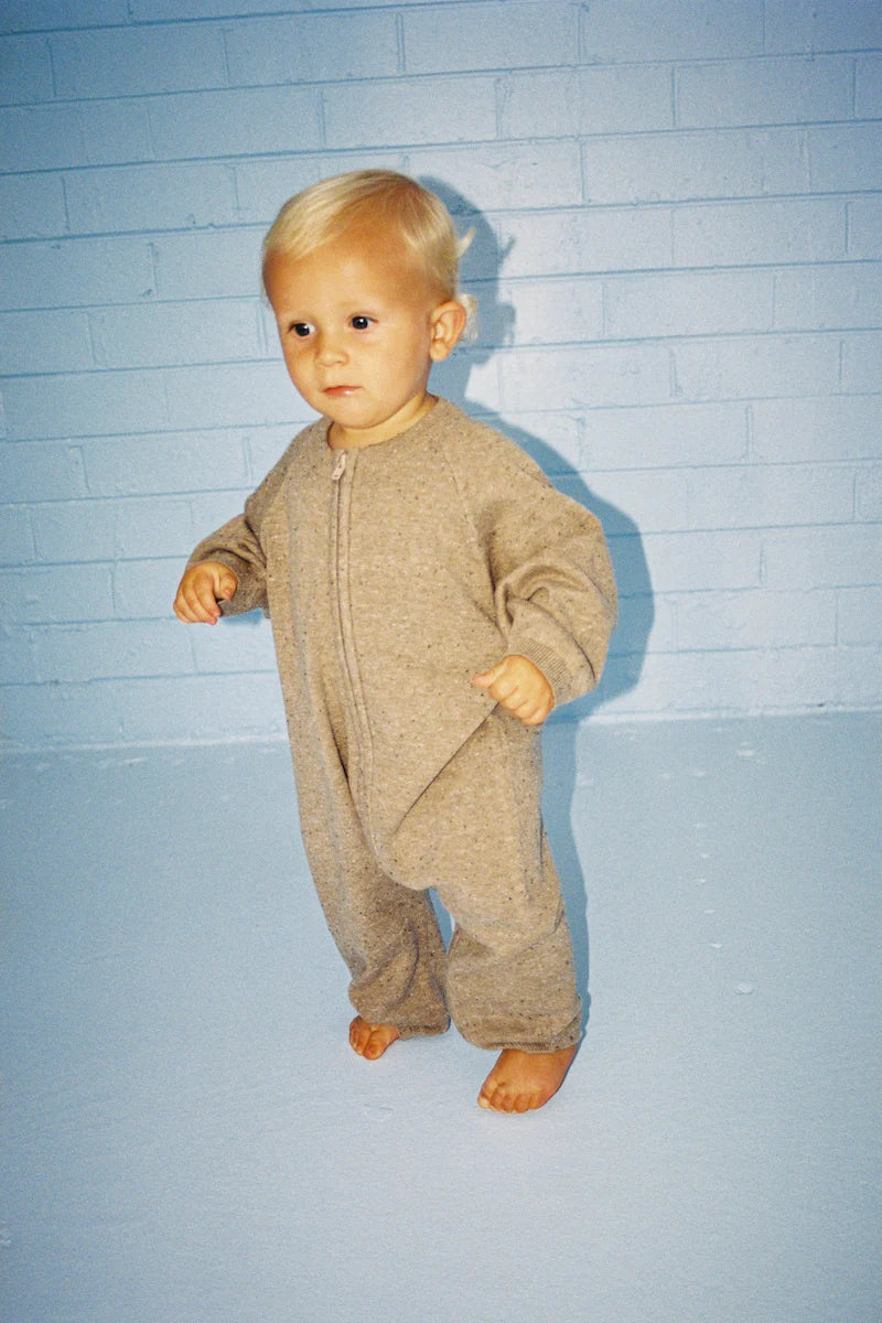 Grown - Organic Speckle Knit Zipper Starsuit - Oatmilk