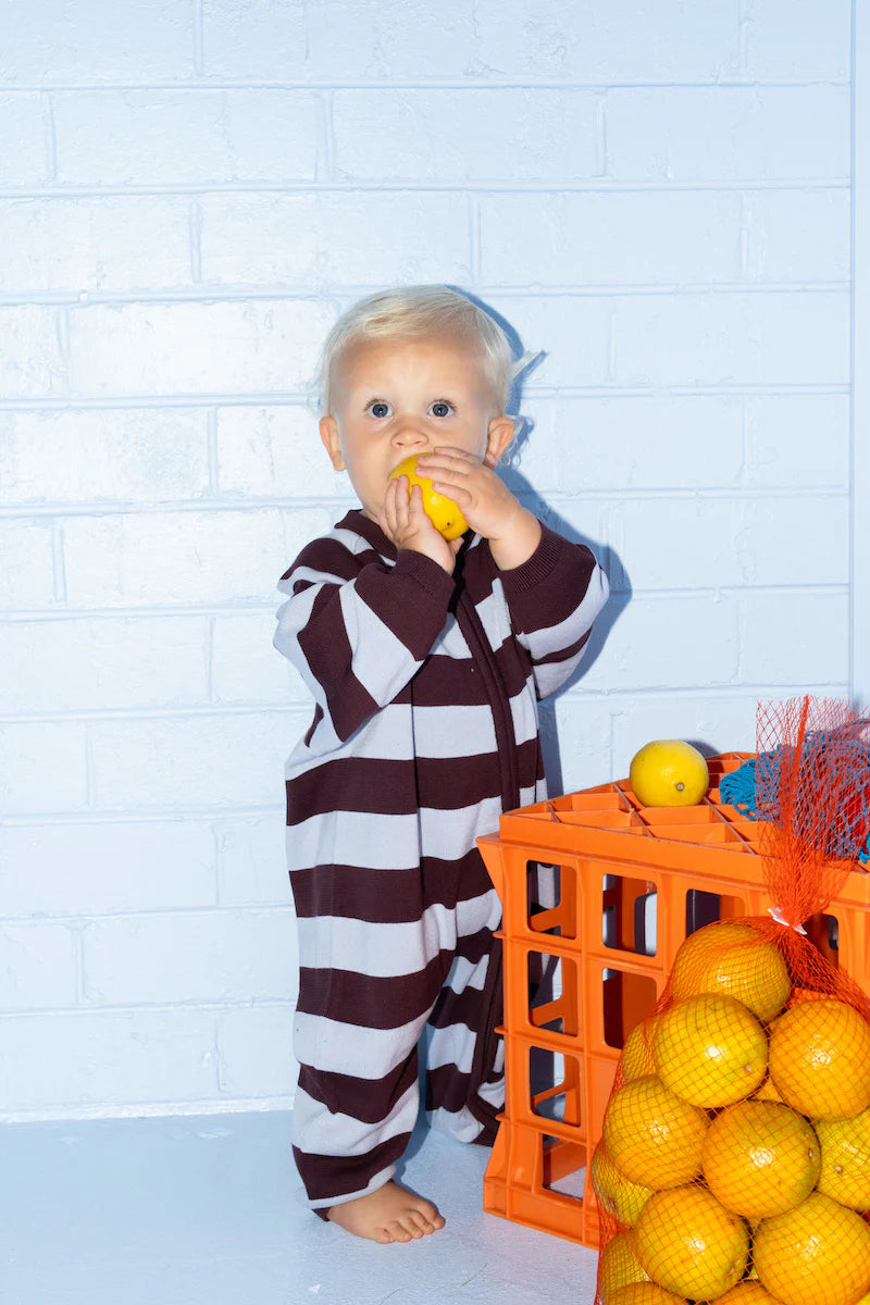 Grown  - Organic Stripe Zipper Knit Starsuit - Plum & Haze