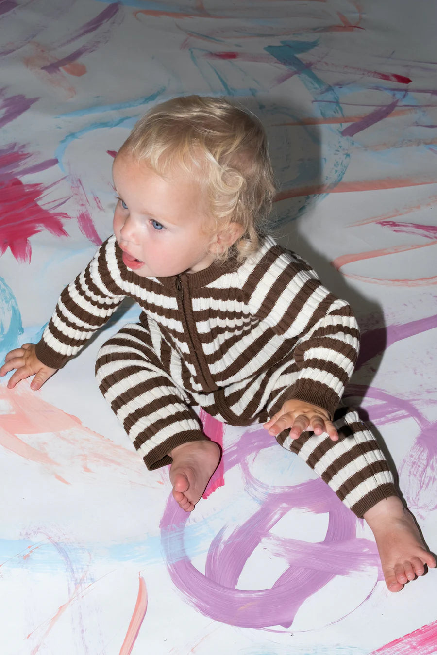 Grown Clothing - Organic Rib Stripe Knit Zipper Jumpsuit - Espresso & Milk