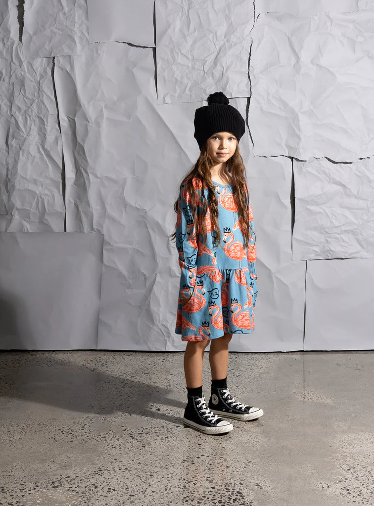 Minti - Friendly Flamingos Dress - Denim Blue