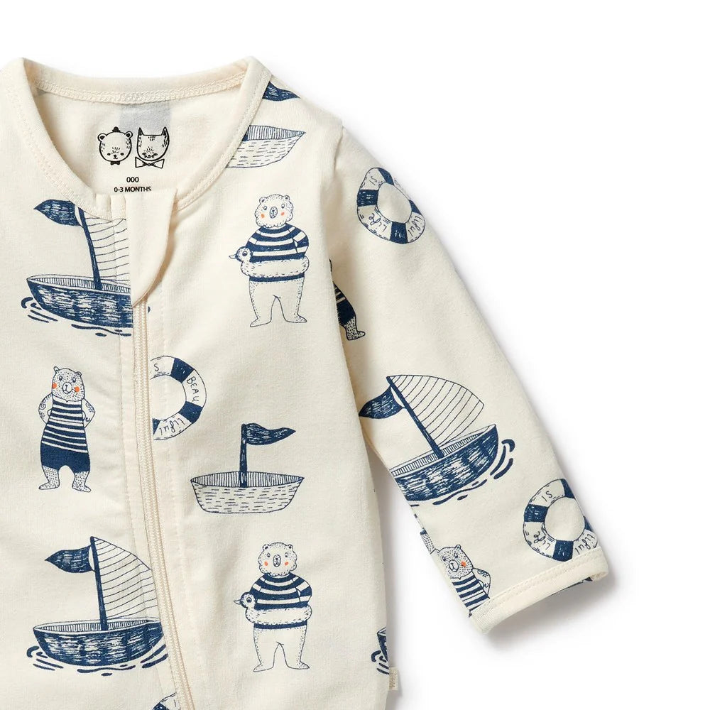 Wilson & Frenchy - Nautical Bear Organic Zipsuit with Feet