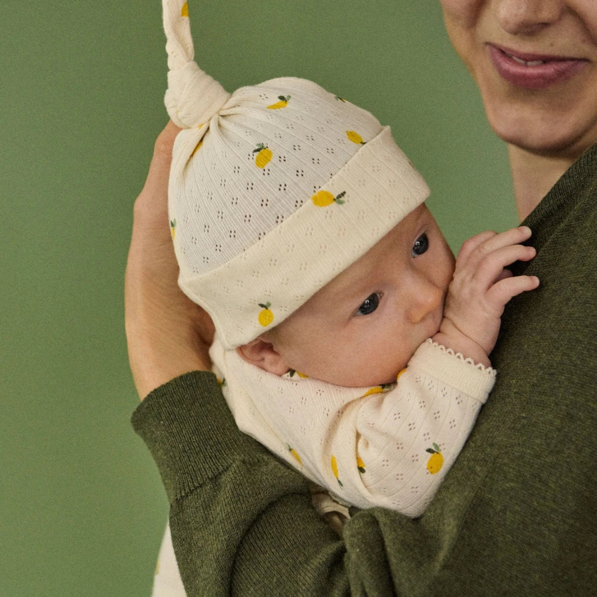 Nature Baby - Pointelle Knotted Beanie - Lemon Print