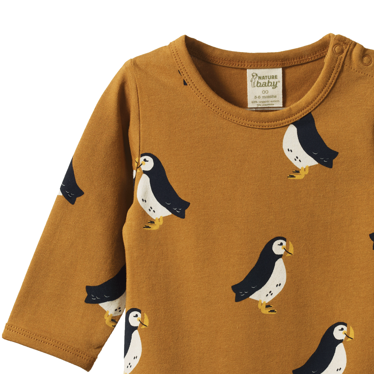 Nature Baby - Stretch Jersey Long Sleeve Bodysuit - Puffin Toffee Print
