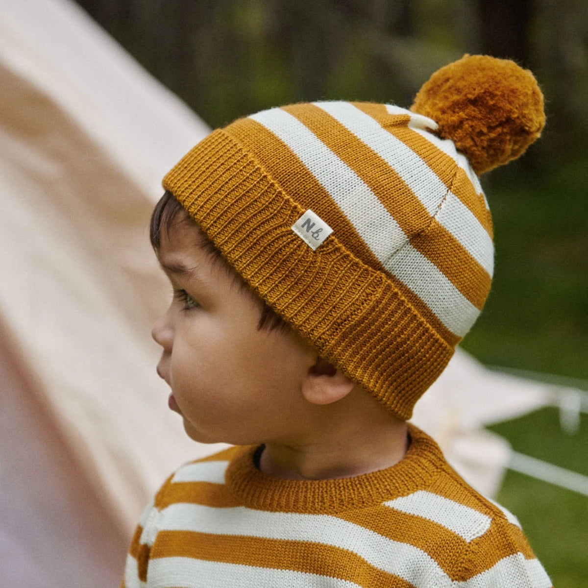 Nature Baby - Alpine Pom Pom Beanie - Toffee Bold Stripe