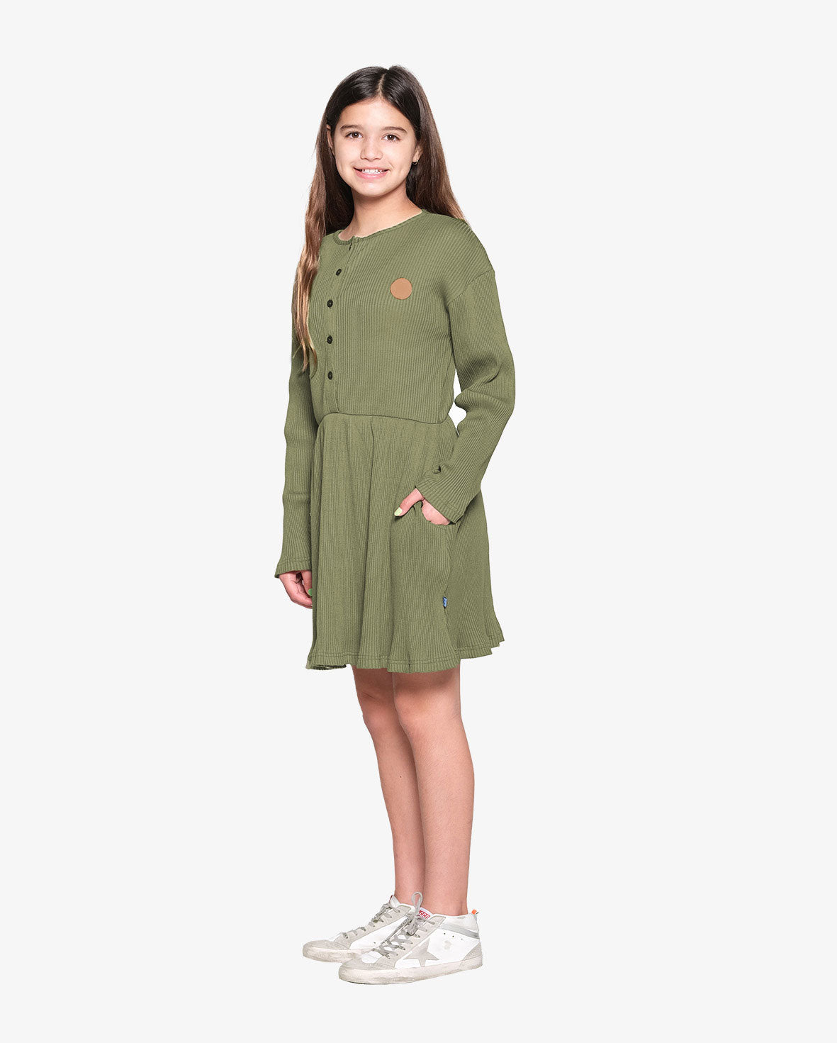 The Girl Club - Button Front Gathered Waist L/S Dress -Olive Green