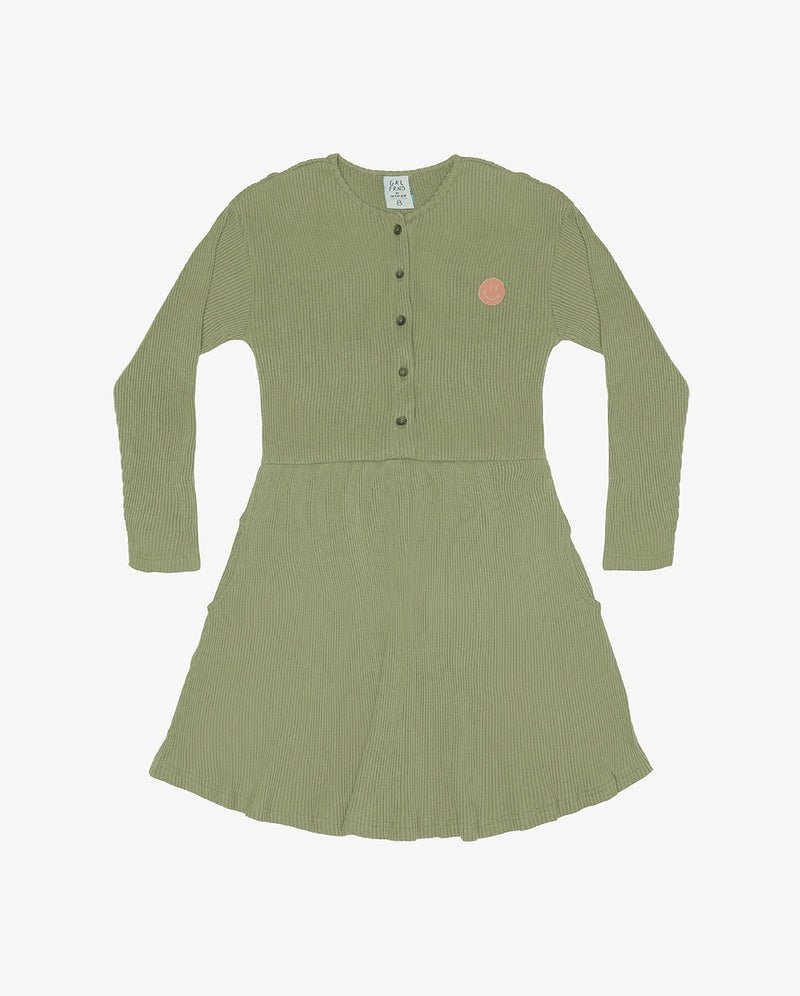 The Girl Club - Button Front Gathered Waist L/S Dress -Olive Green